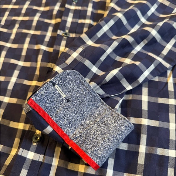 Navy check bugatchi uomo 100% cotton button down see measurements xl - Picture 7 of 11